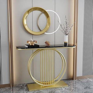 Circular Decorative Golden Metal with Black Marble Finish Stylish Console Table