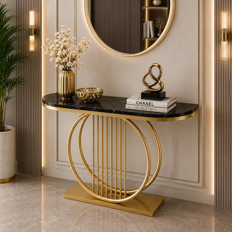 Circular Decorative Golden Metal with Black Marble Finish Stylish Console Table