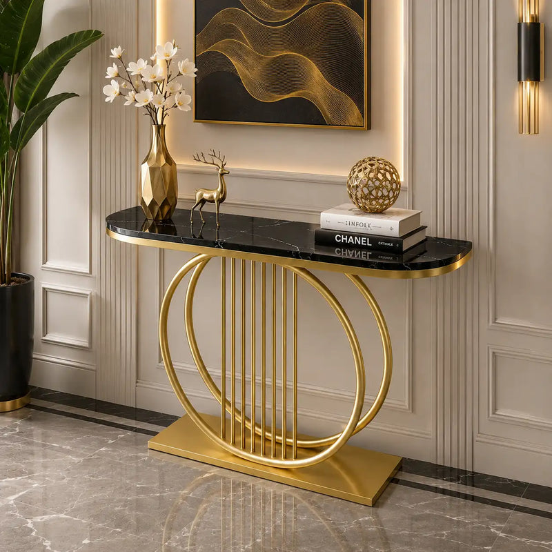 Circular Decorative Golden Metal with Black Marble Finish Stylish Console Table