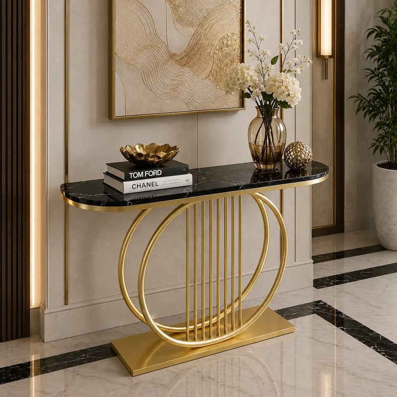 Circular Decorative Golden Metal with Black Marble Finish Stylish Console Table
