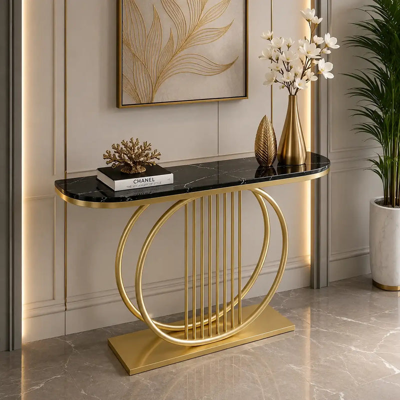 Circular Decorative Golden Metal with Black Marble Finish Stylish Console Table