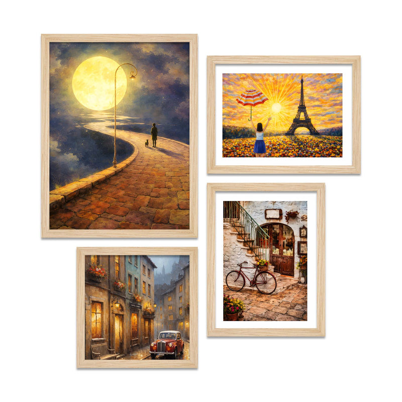 City Street & Moonlight Wall Frame Set of Four