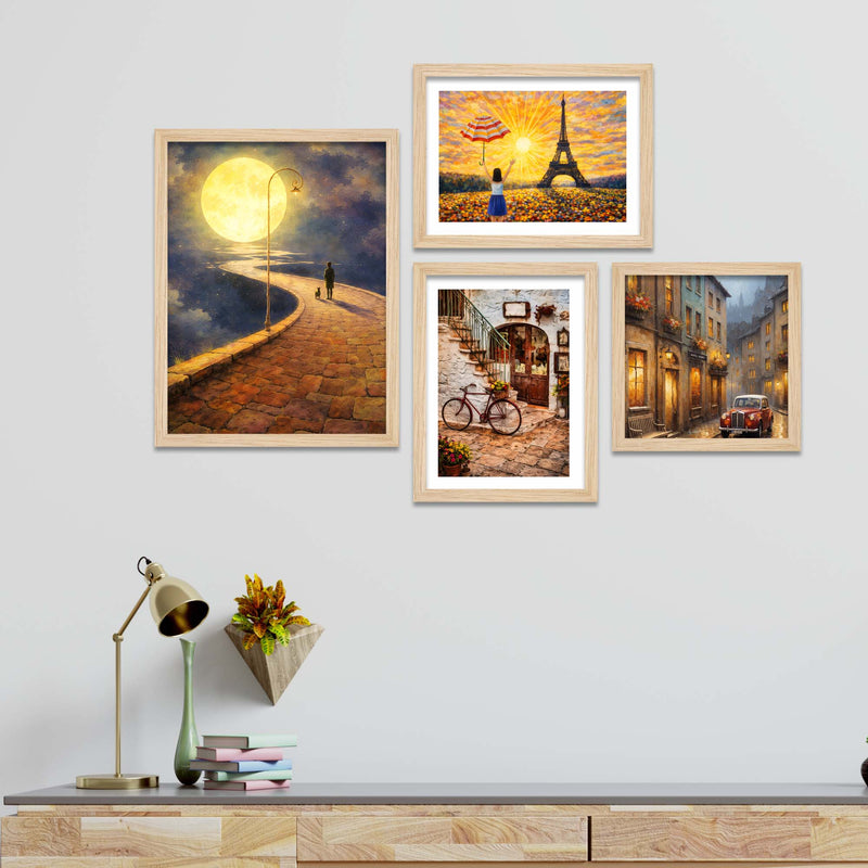 City Street & Moonlight Wall Frame Set of Four