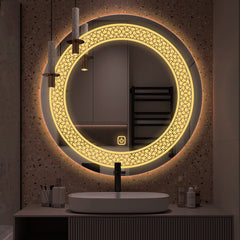 Classic Pattern Design Art LED Rounded Shape Bathroom Wall Mirror