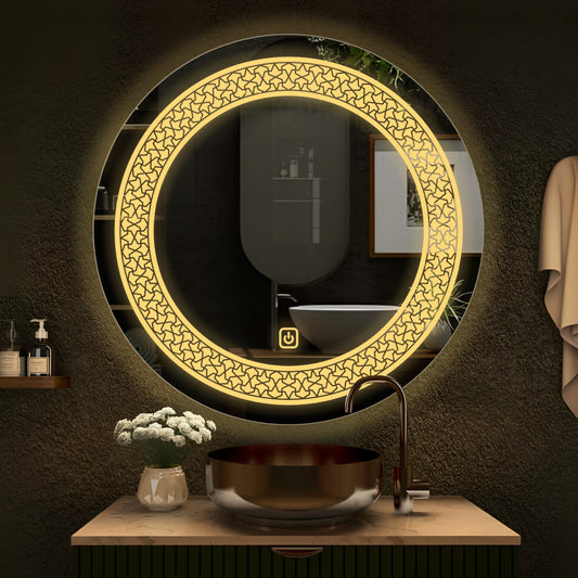 Classic Pattern Design Art LED Rounded Shape Bathroom Wall Mirror