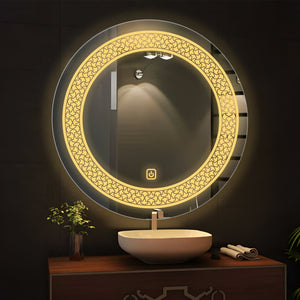 Classic Pattern Design Art LED Rounded Shape Bathroom Wall Mirror