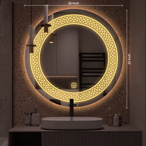 Classic Pattern Design Art LED Rounded Shape Bathroom Wall Mirror