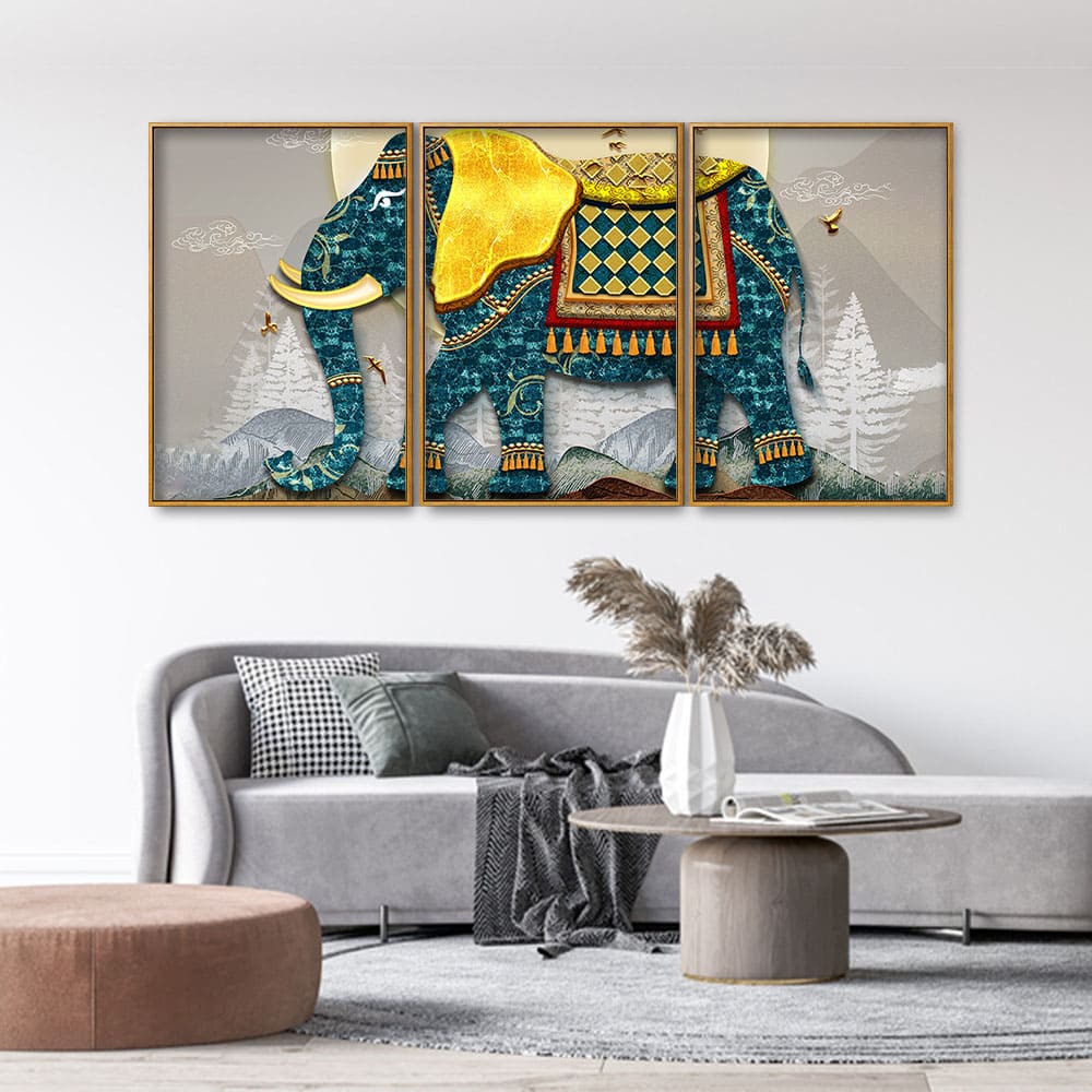 Classic and Royal Elephant with Golden Tusks Floating Canvas Wall Painting Set of Three