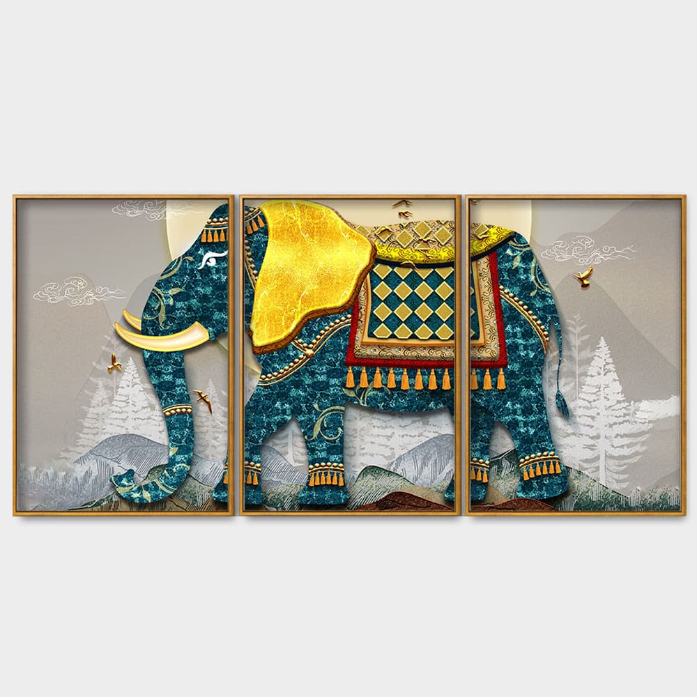 Classic and Royal Elephant with Golden Tusks Floating Canvas Wall Painting Set of Three