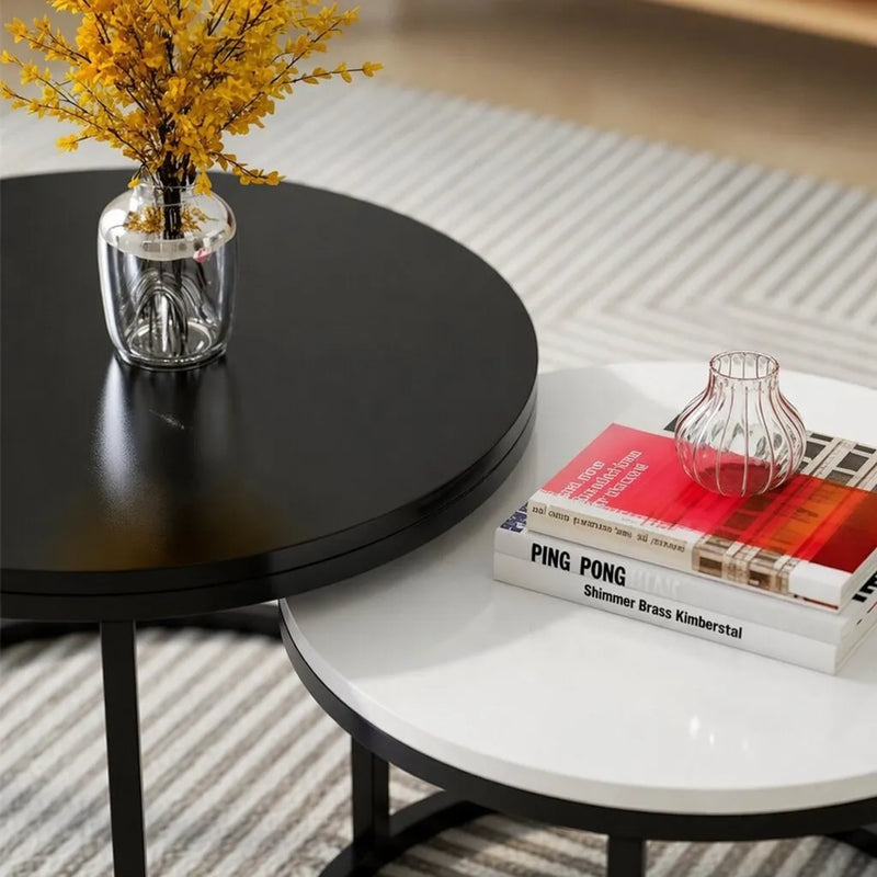 Classic Black & White Round Coffee Table Set of 2