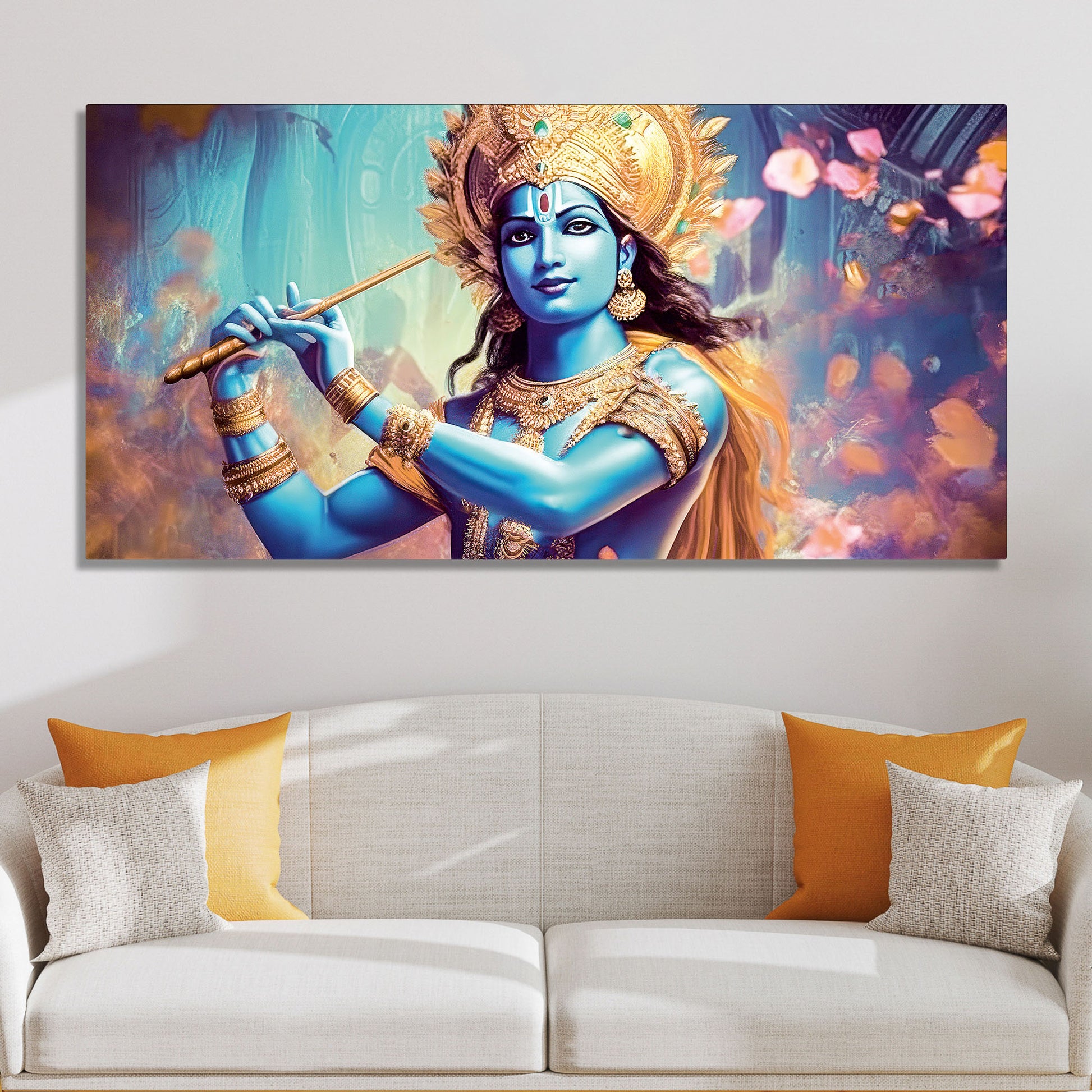 Classic Canvas Wall Panting of Lord Krishna Playing with Flute