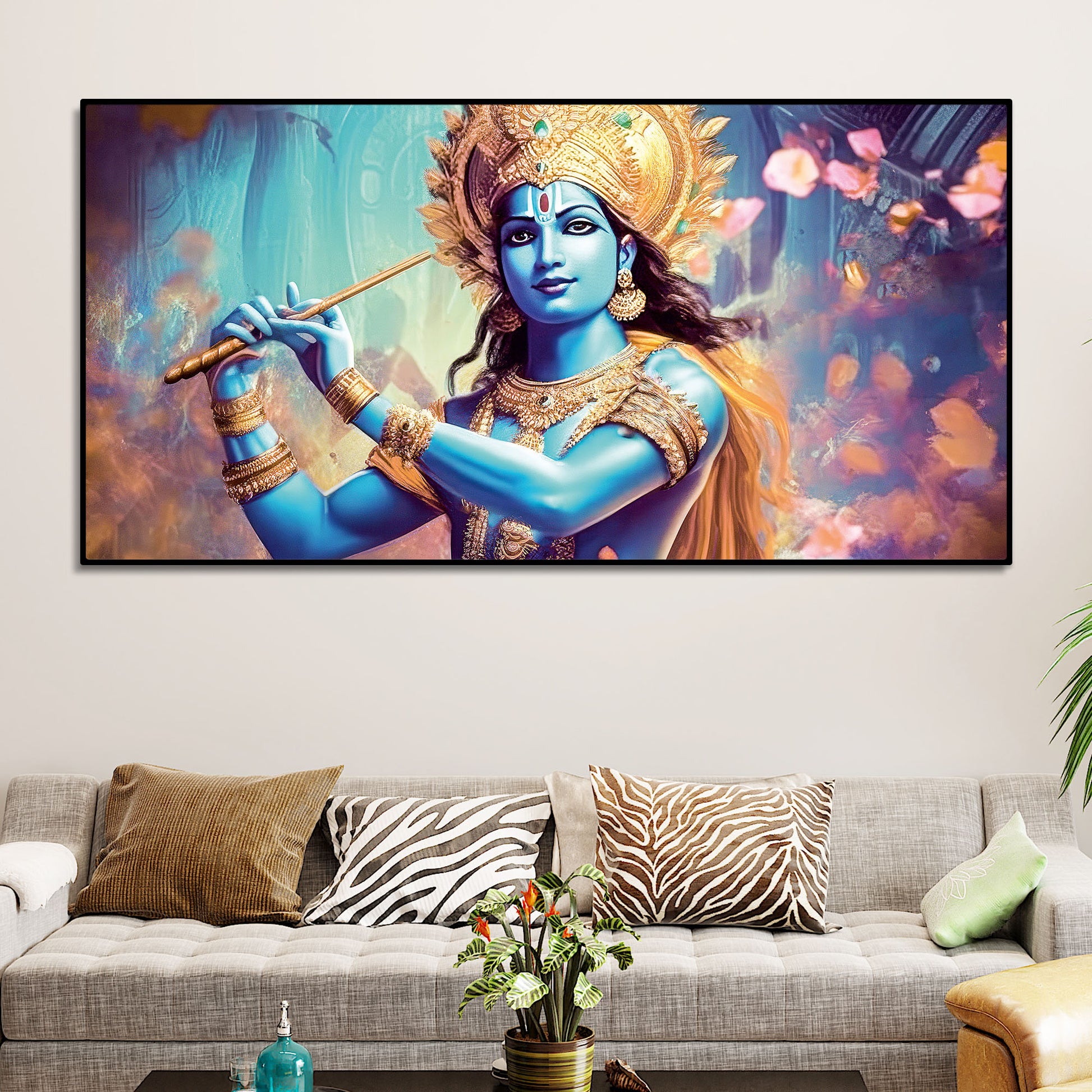 Classic Canvas Wall Panting of Lord Krishna Playing with Flute