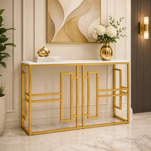 Classic Console Table with White Marble in Golden Metal Finish