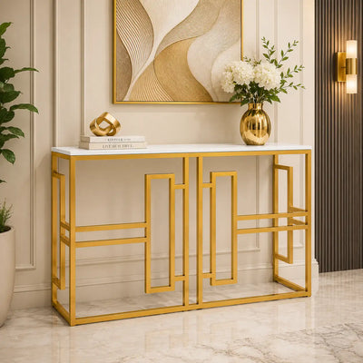Classic Console Table with White Marble in Golden Metal Finish