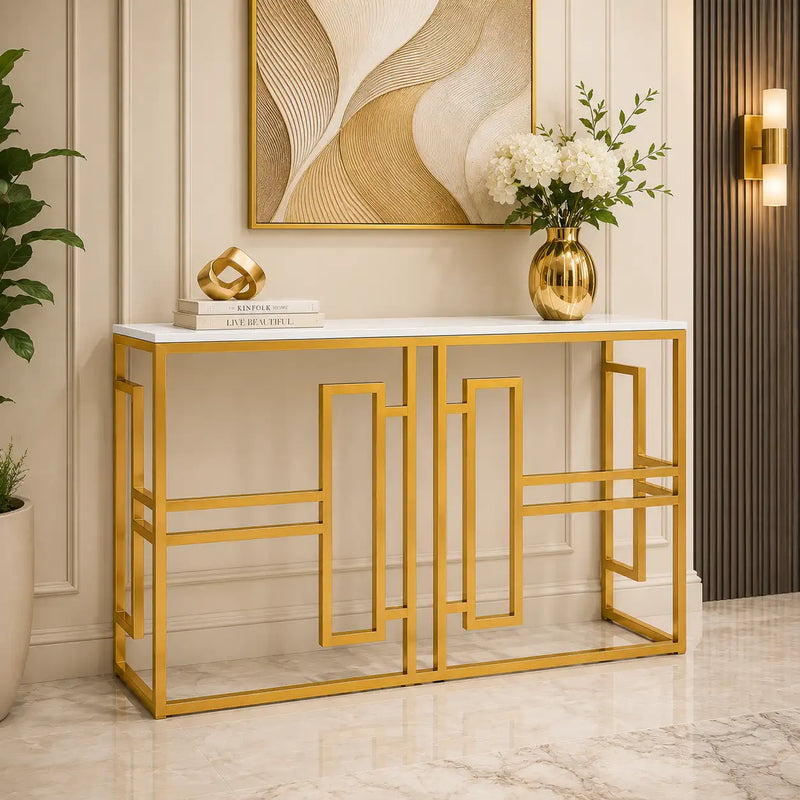Classic Console Table with White Marble in Golden Metal Finish