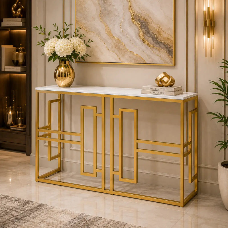 Classic Console Table with White Marble in Golden Metal Finish