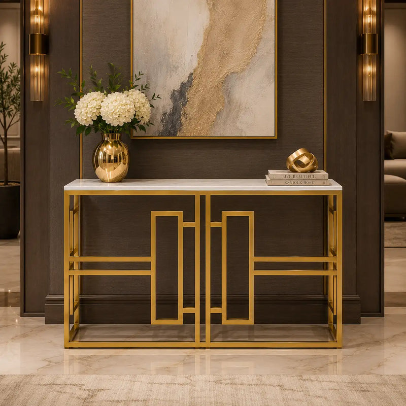 Classic Console Table with White Marble in Golden Metal Finish