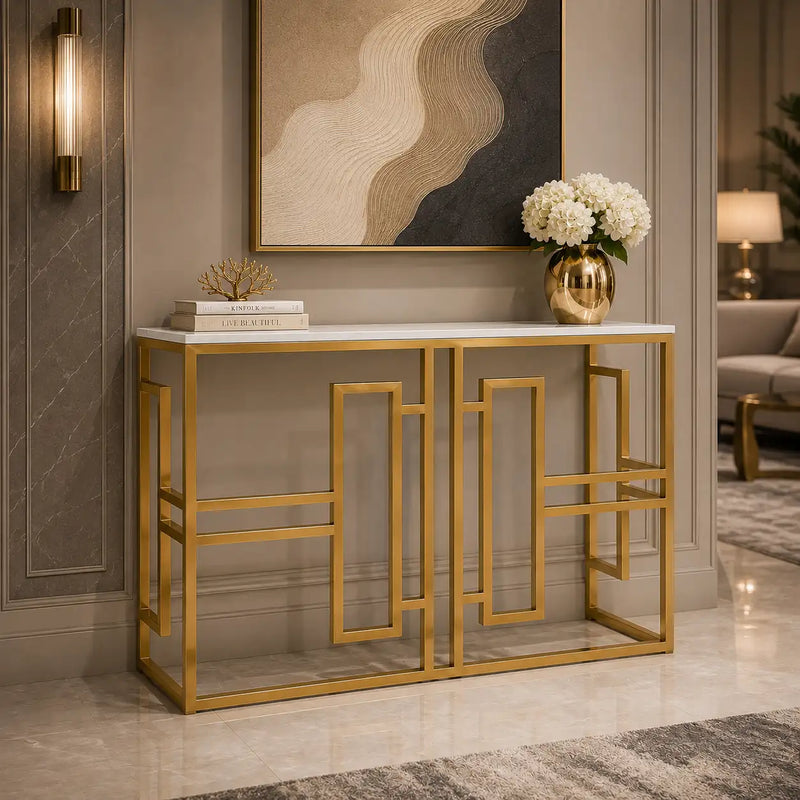 Classic Console Table with White Marble in Golden Metal Finish
