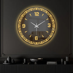 Classic Greek Inspired LED Mirror Wall Clock with Golden Geometric Border