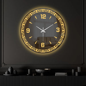 Classic Greek Inspired LED Mirror Wall Clock with Golden Geometric Border