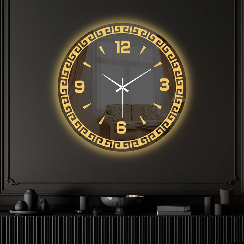Classic Greek Inspired LED Mirror Wall Clock with Golden Geometric Border