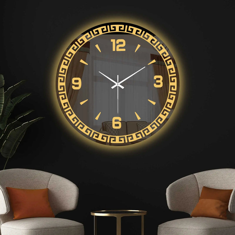 Classic Greek Inspired LED Mirror Wall Clock with Golden Geometric Border