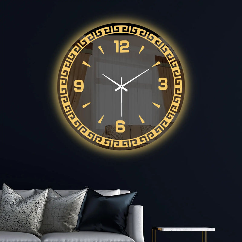 Classic Greek Inspired LED Mirror Wall Clock with Golden Geometric Border