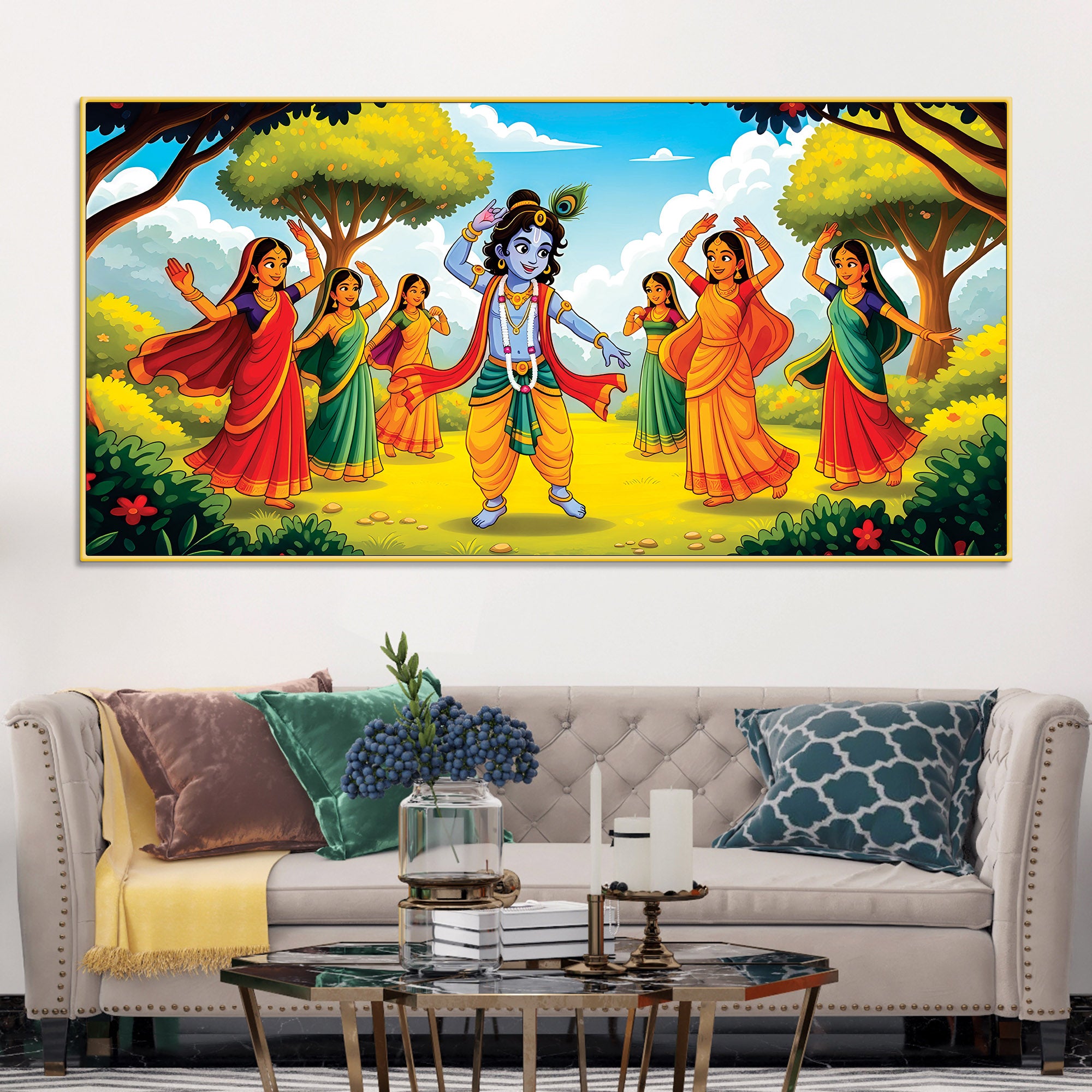 Classic Krishna Gopi Raas Leela Painting for Living Room & Hall