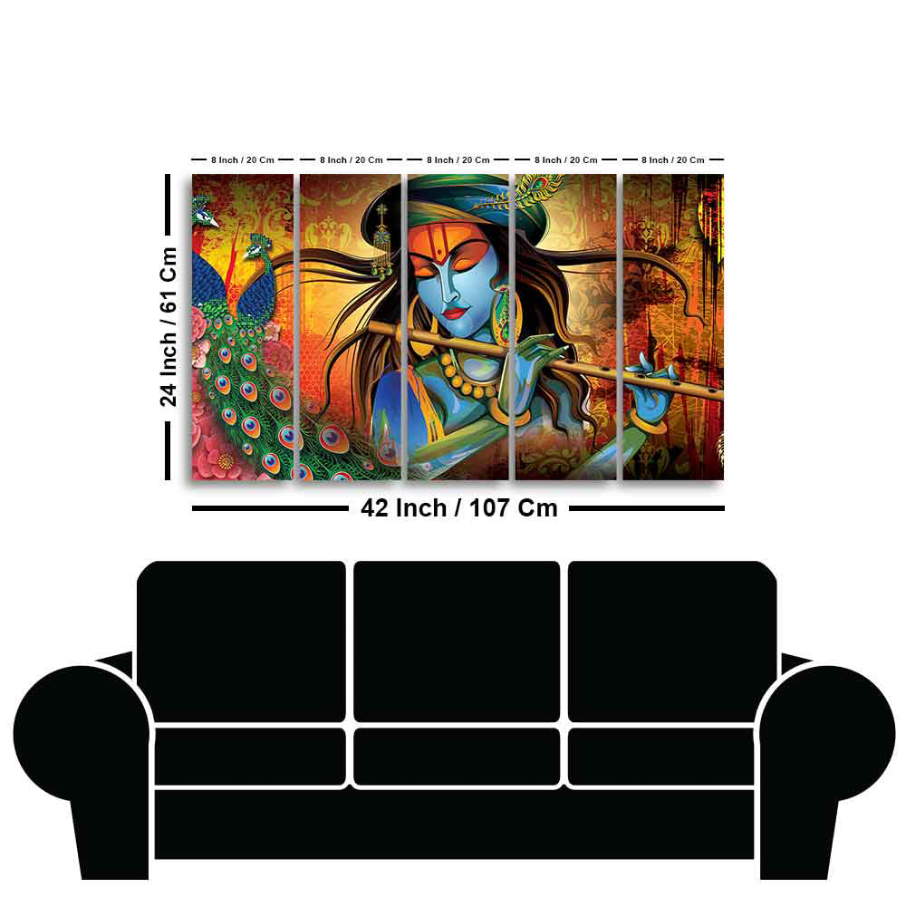 Classic Lord Krishna Premium Wall Painting of Five Pieces