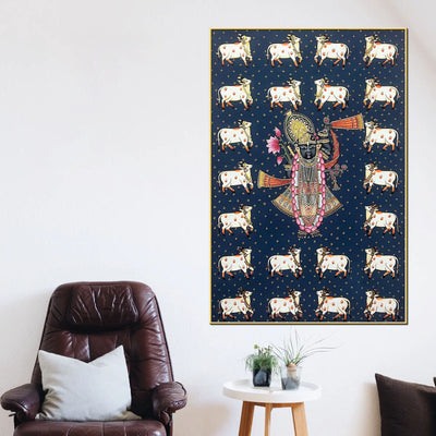 Classic Nathdwara Shreenathji Cow Theme Pichwai Canvas Wall Painting for Home