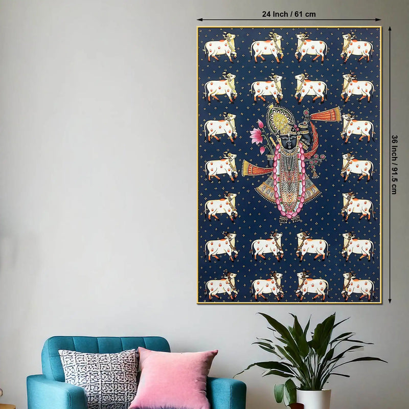 Classic Nathdwara Shreenathji Cow Theme Pichwai Canvas Wall Painting for Home
