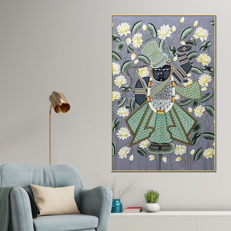 Classic Nathdwara Shrinath Ji Krishna Lotus Pichwai Canvas Wall Painting