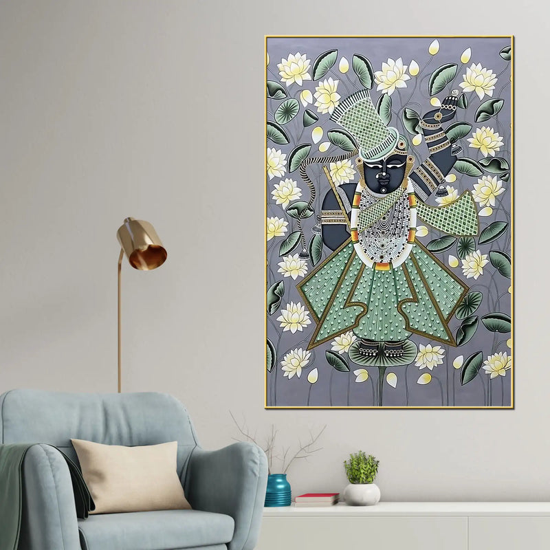 Classic Nathdwara Shrinath Ji Krishna Lotus Pichwai Canvas Wall Painting