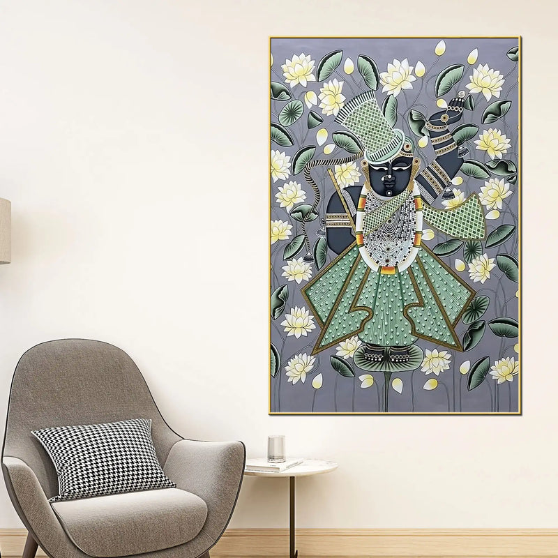 Classic Nathdwara Shrinath Ji Krishna Lotus Pichwai Canvas Wall Painting
