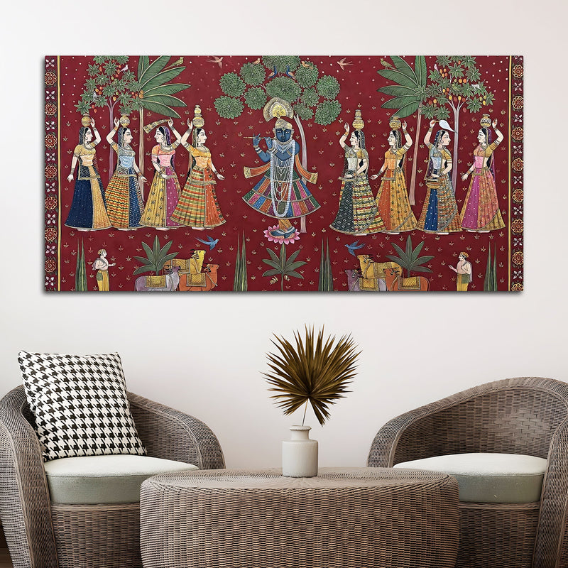 Classic Nathdwara Style Shri Krishna Raas Leela Pichwai Canvas Wall Painting