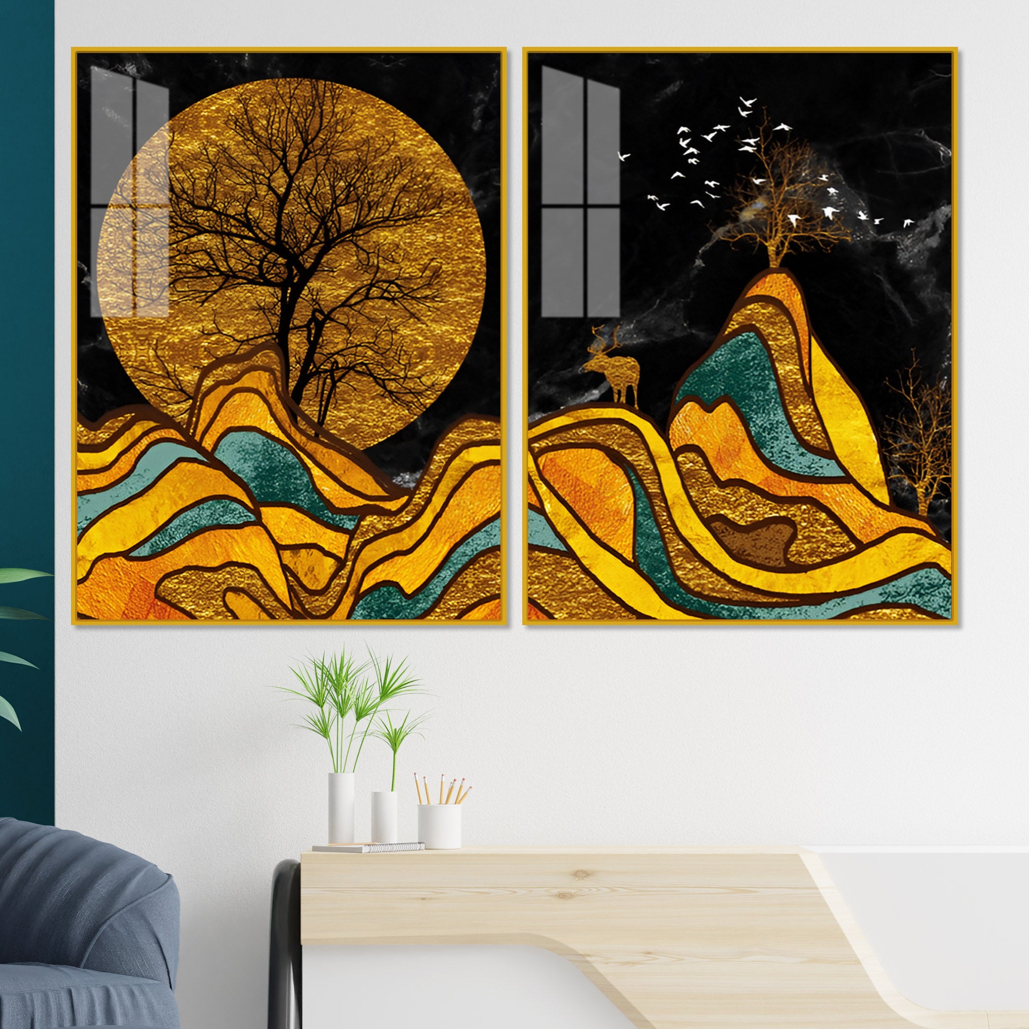 Classic Nature Art with Golden Textured Acrylic Art Floating Wall Painting Set of 2
