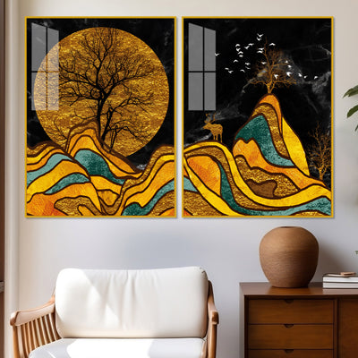 Classic Nature Art with Golden Textured Acrylic Art Floating Wall Painting Set of 2