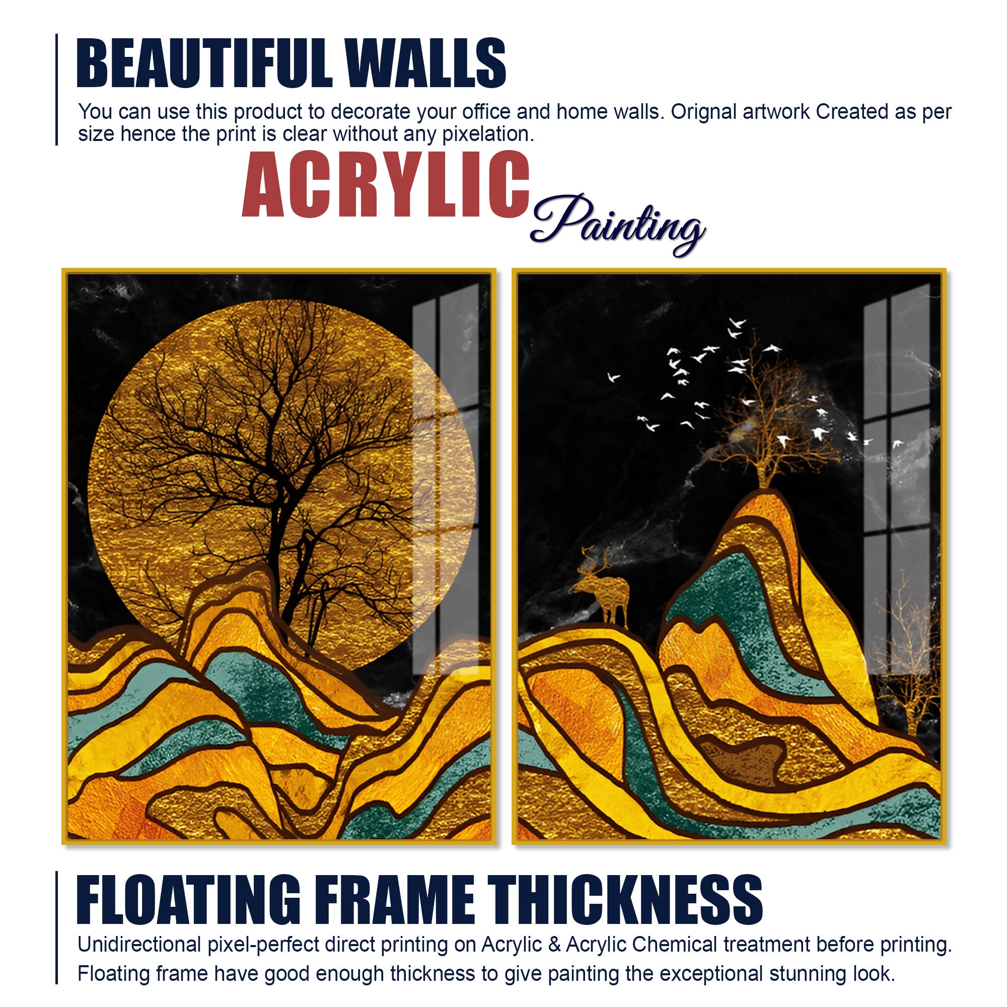 Classic Nature Art with Golden Textured Acrylic Art Floating Wall Painting Set of 2