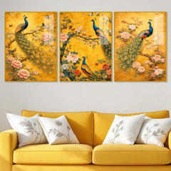 Classic Peacock and Blossom Floating Acrylic Wall Painting Set of 3