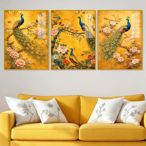 Classic Peacock and Blossom Floating Acrylic Wall Painting Set of 3