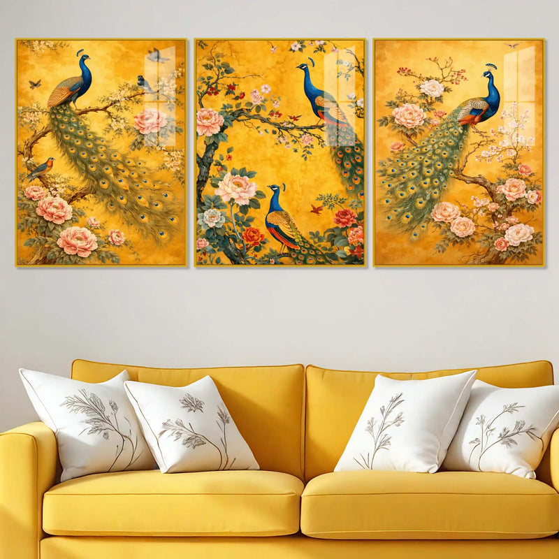 Classic Peacock and Blossom Floating Acrylic Wall Painting Set of 3