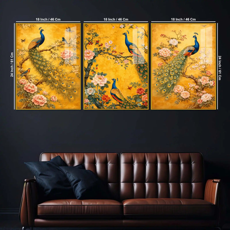 Classic Peacock and Blossom Floating Acrylic Wall Painting Set of 3