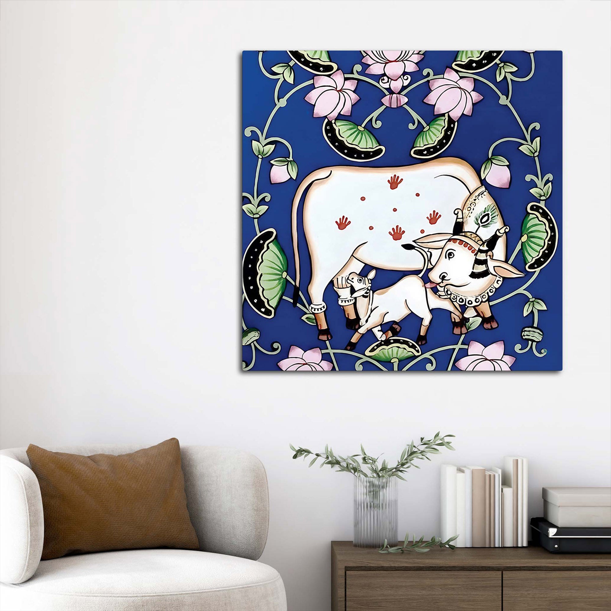Classic Pichwai Cow Calf Painting on Canvas | Indian Wall Décor
