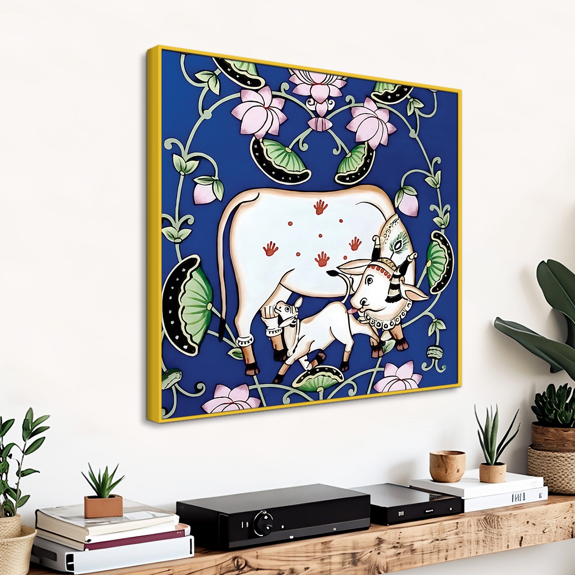 Classic Pichwai Cow Calf Painting on Canvas | Indian Wall Décor
