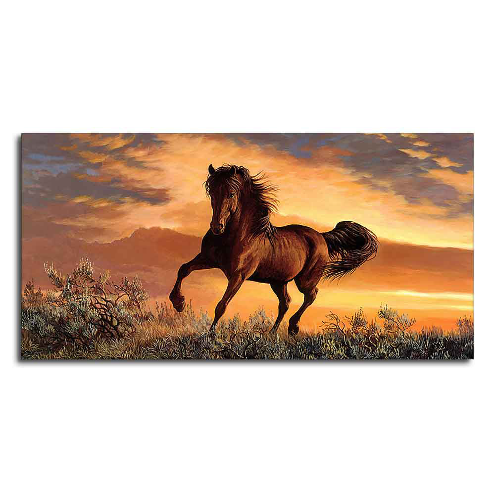 Classic Premium Quality Wall Painting of Brown Horse in Sunset