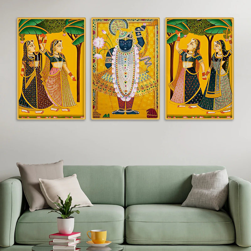 Classic Shrinath Ji Canvas Wall Painting Set of Three