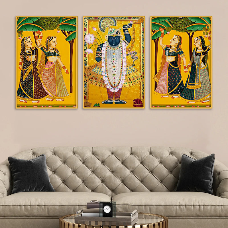 Classic Shrinath Ji Canvas Wall Painting Set of Three