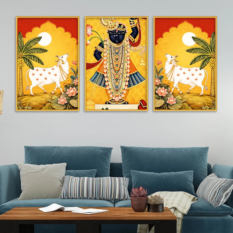 Classic Shrinath Ji Pichwai Wall Art Canvas Painting Set of Three