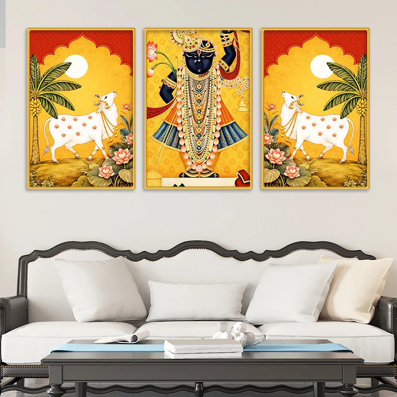 Classic Shrinath Ji Pichwai Wall Art Canvas Painting Set of Three