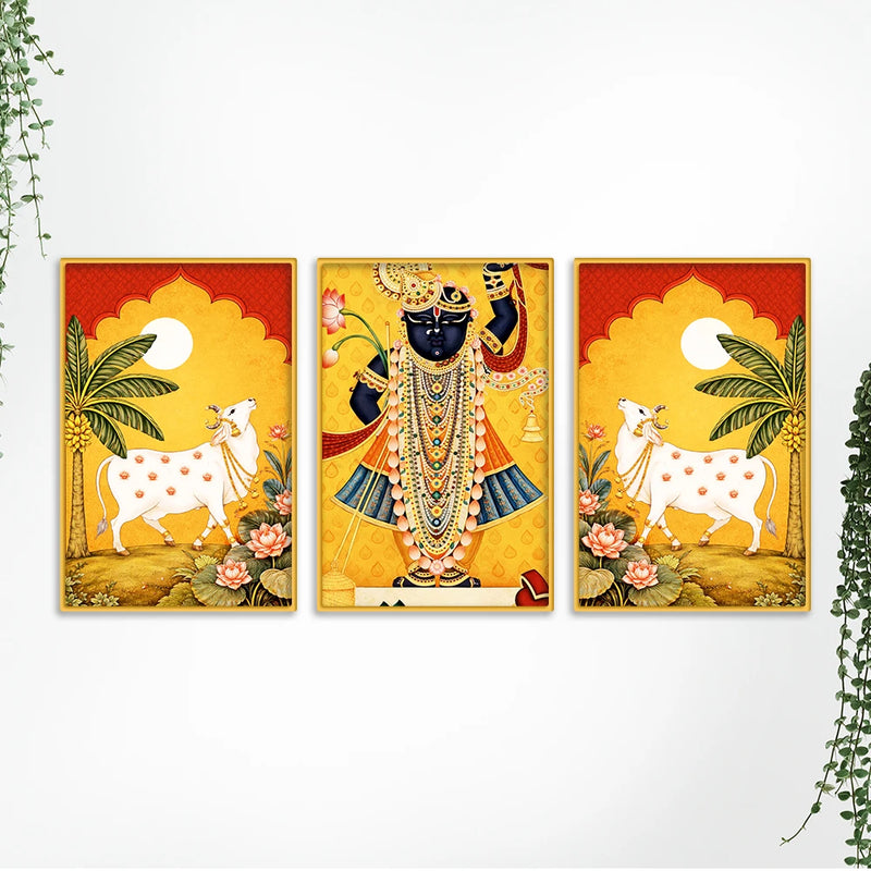 Classic Shrinath Ji Pichwai Wall Art Canvas Painting Set of Three